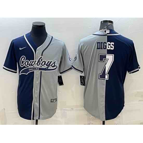 Men Dallas Cowboys 7 Trevon Diggs Navy Grey Split With Patch Cool Base Stitched Baseball Jersey